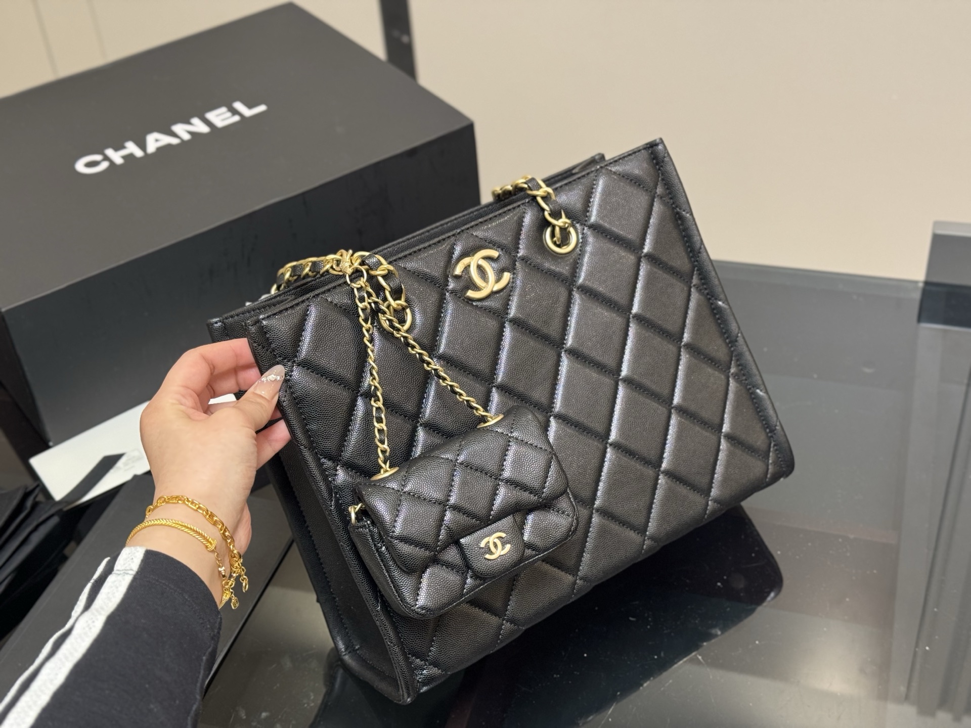 Chanel tote shopping bag and mini small bag set