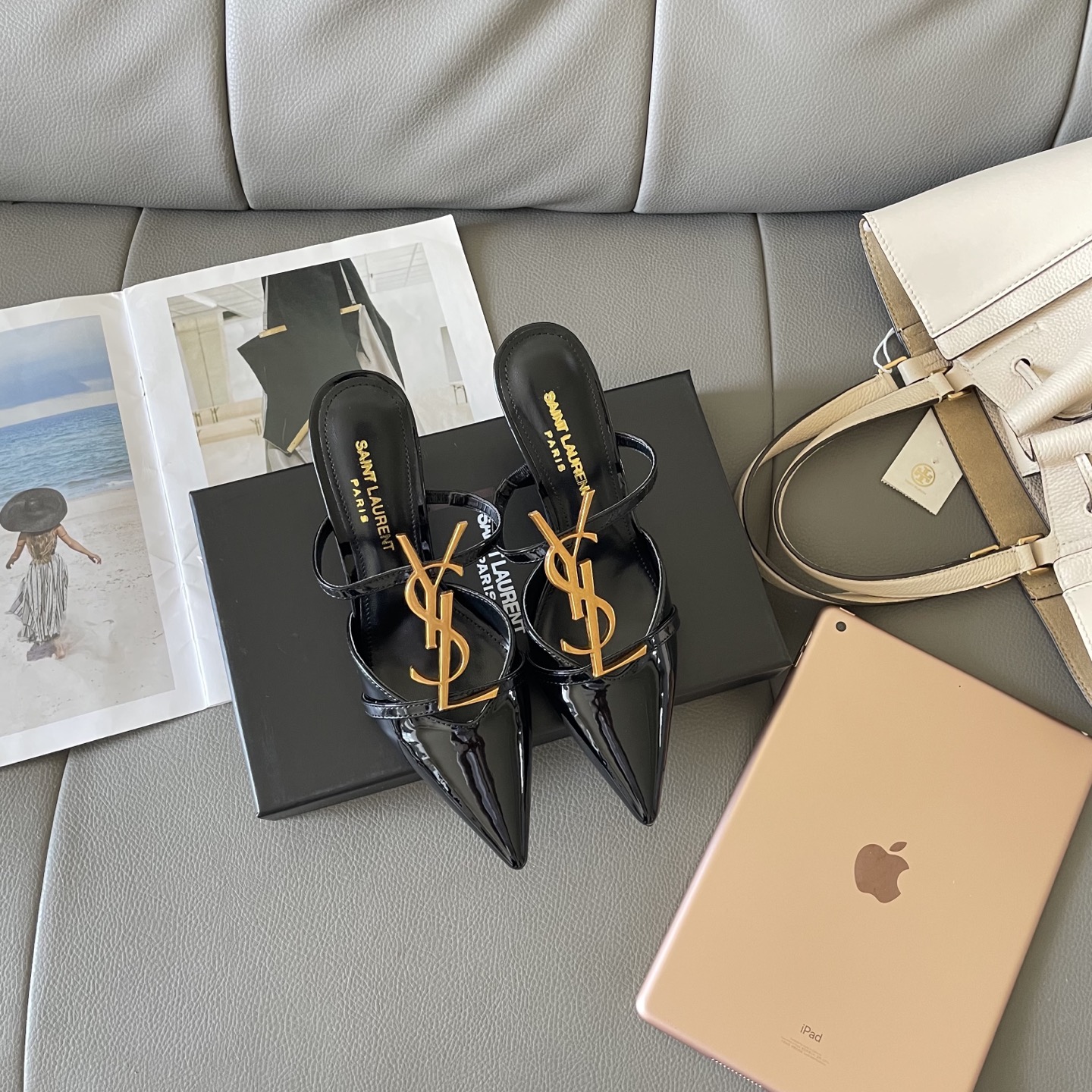 YSL summer letter buckle pointed sandals