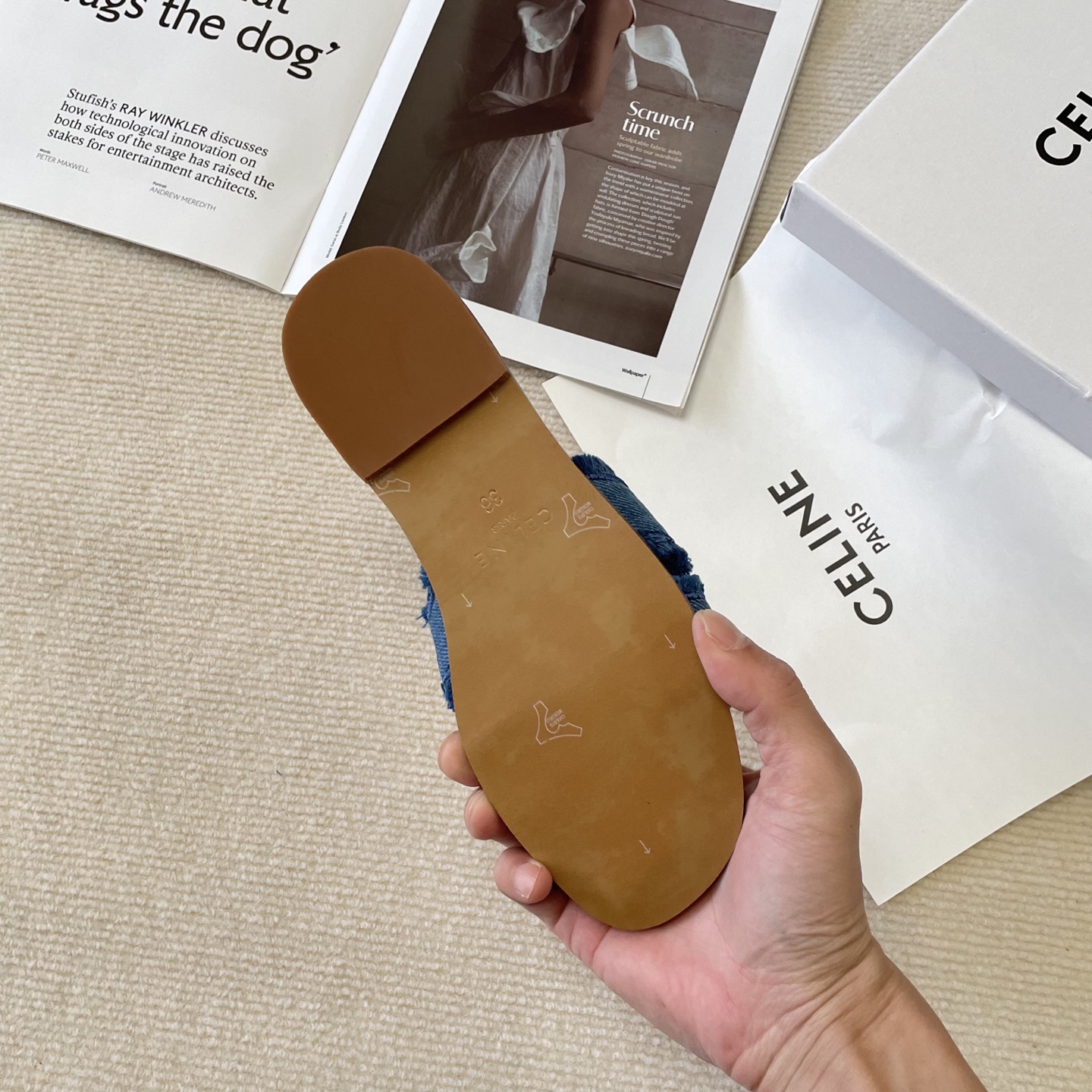 Celine denim tassel slippers