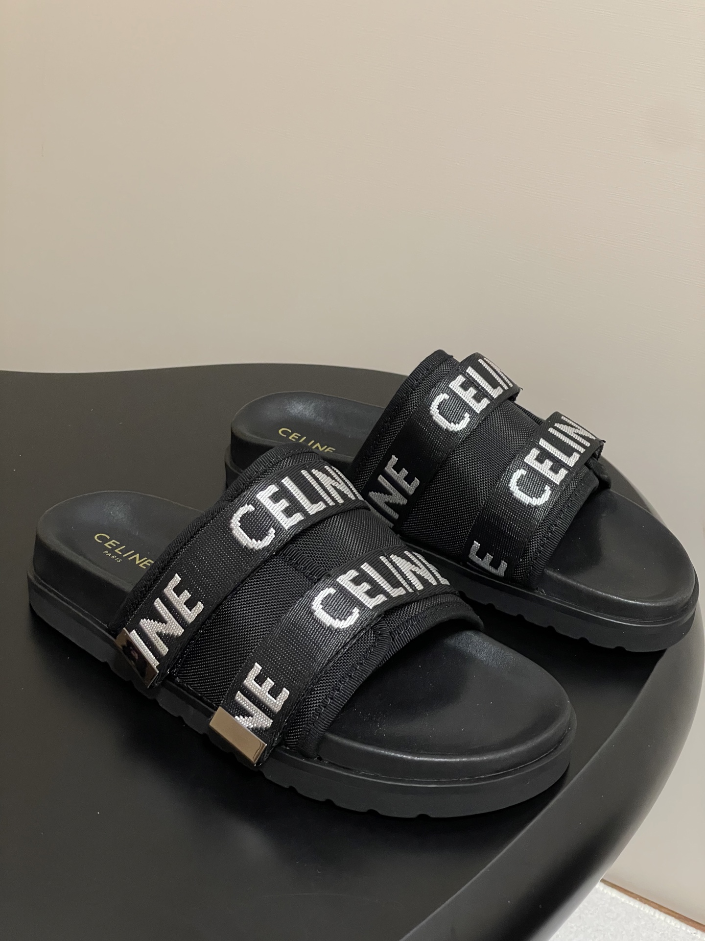 Celine retro platform thick-soled letter logo webbing slippers