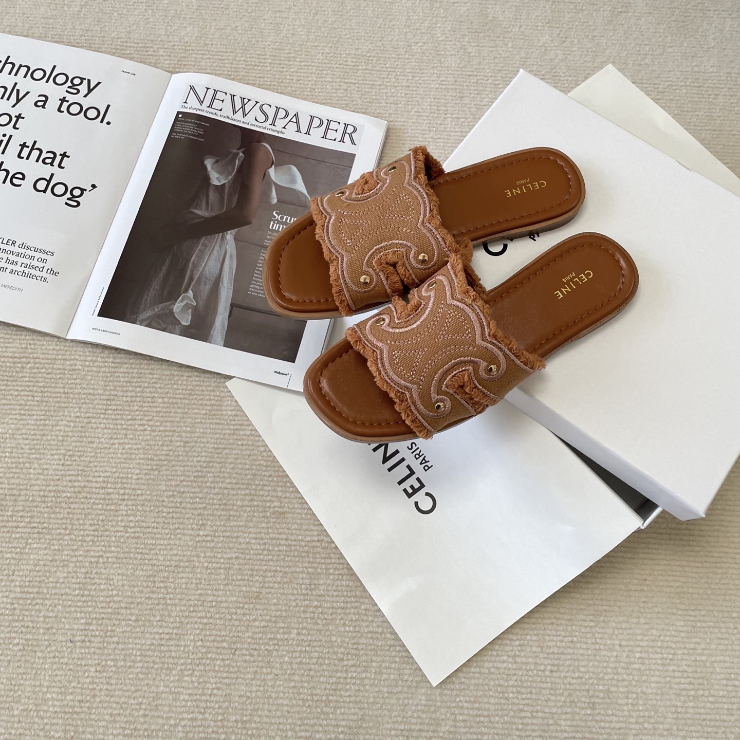 Celine denim tassel slippers