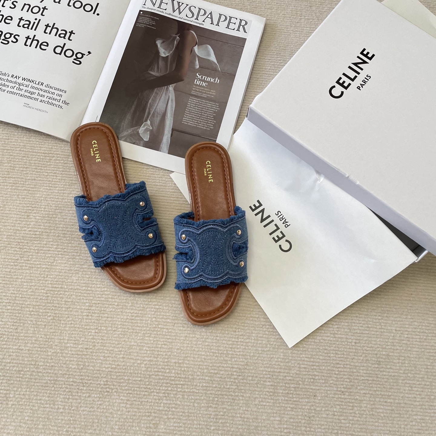 Celine denim tassel slippers