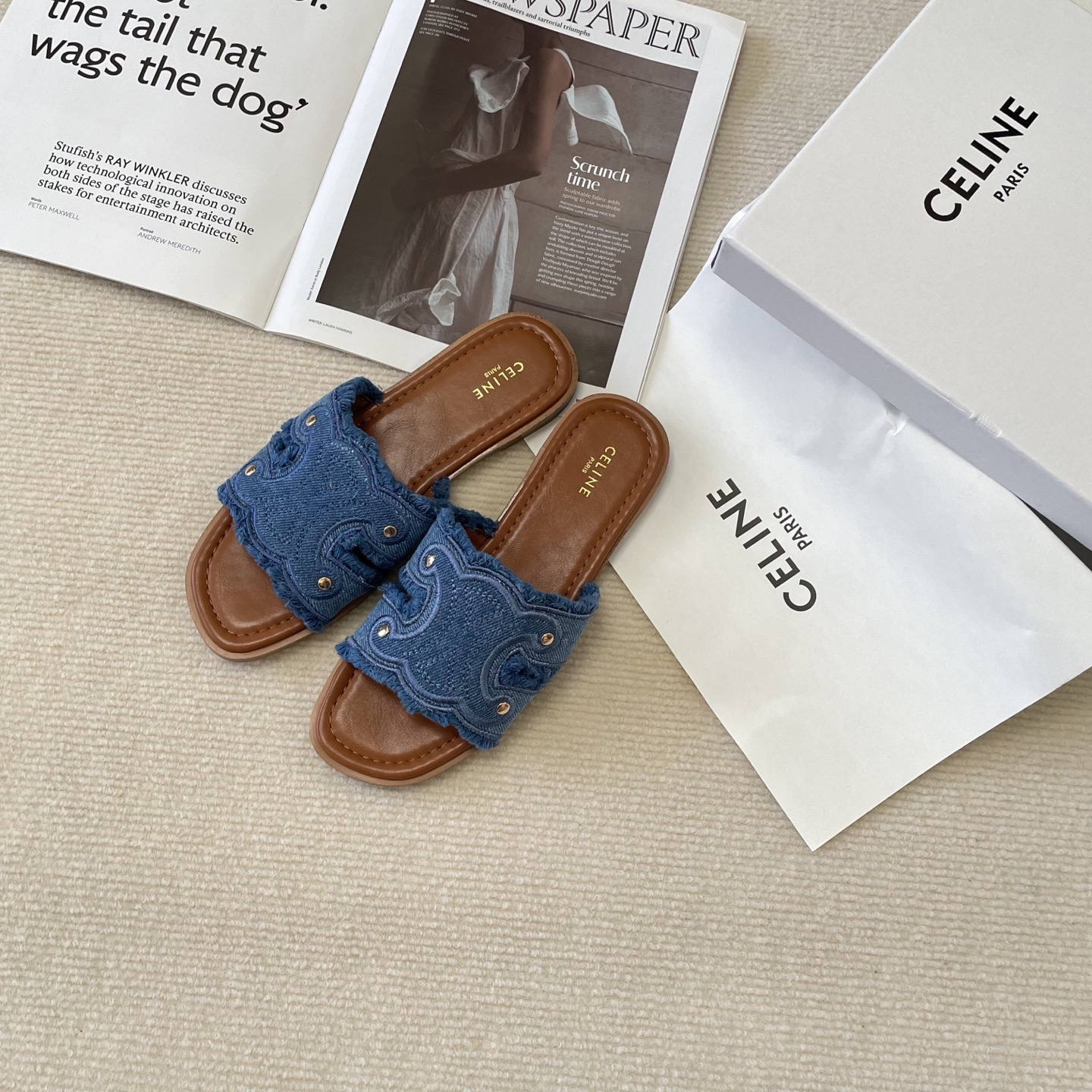 Celine denim tassel slippers