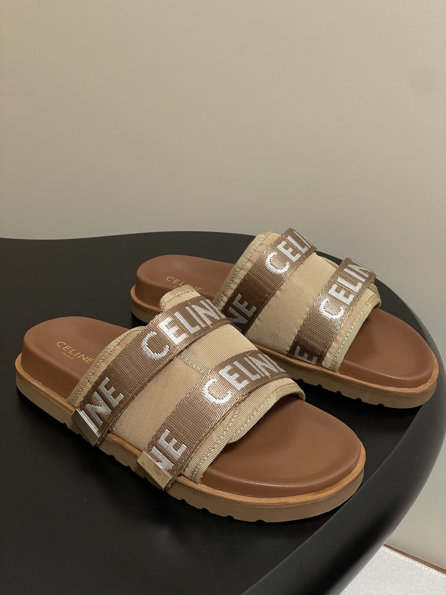 Celine retro platform thick-soled letter logo webbing slippers