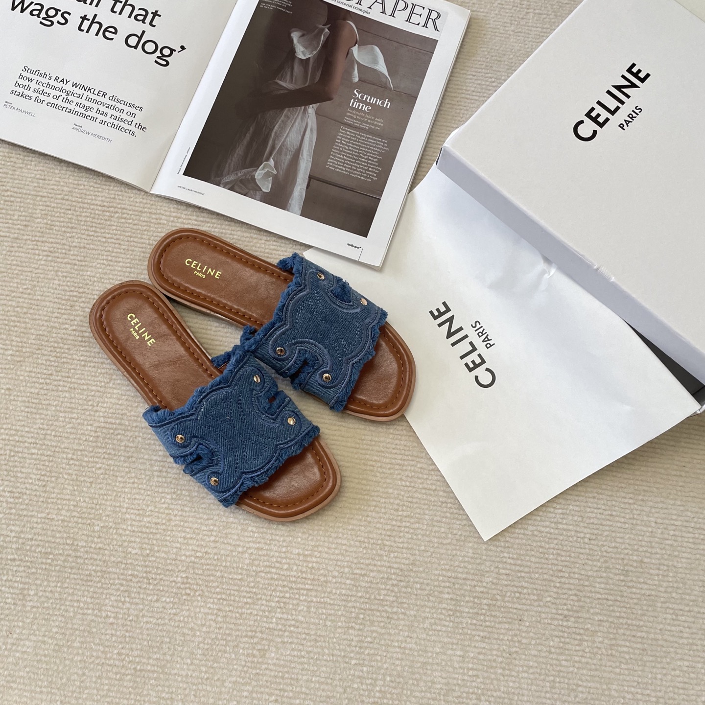 Celine denim tassel slippers