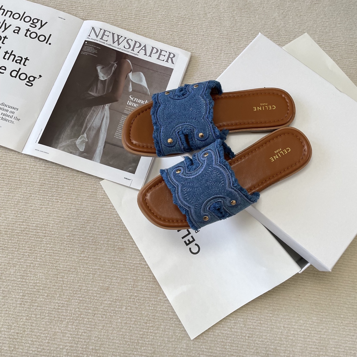 Celine denim tassel slippers