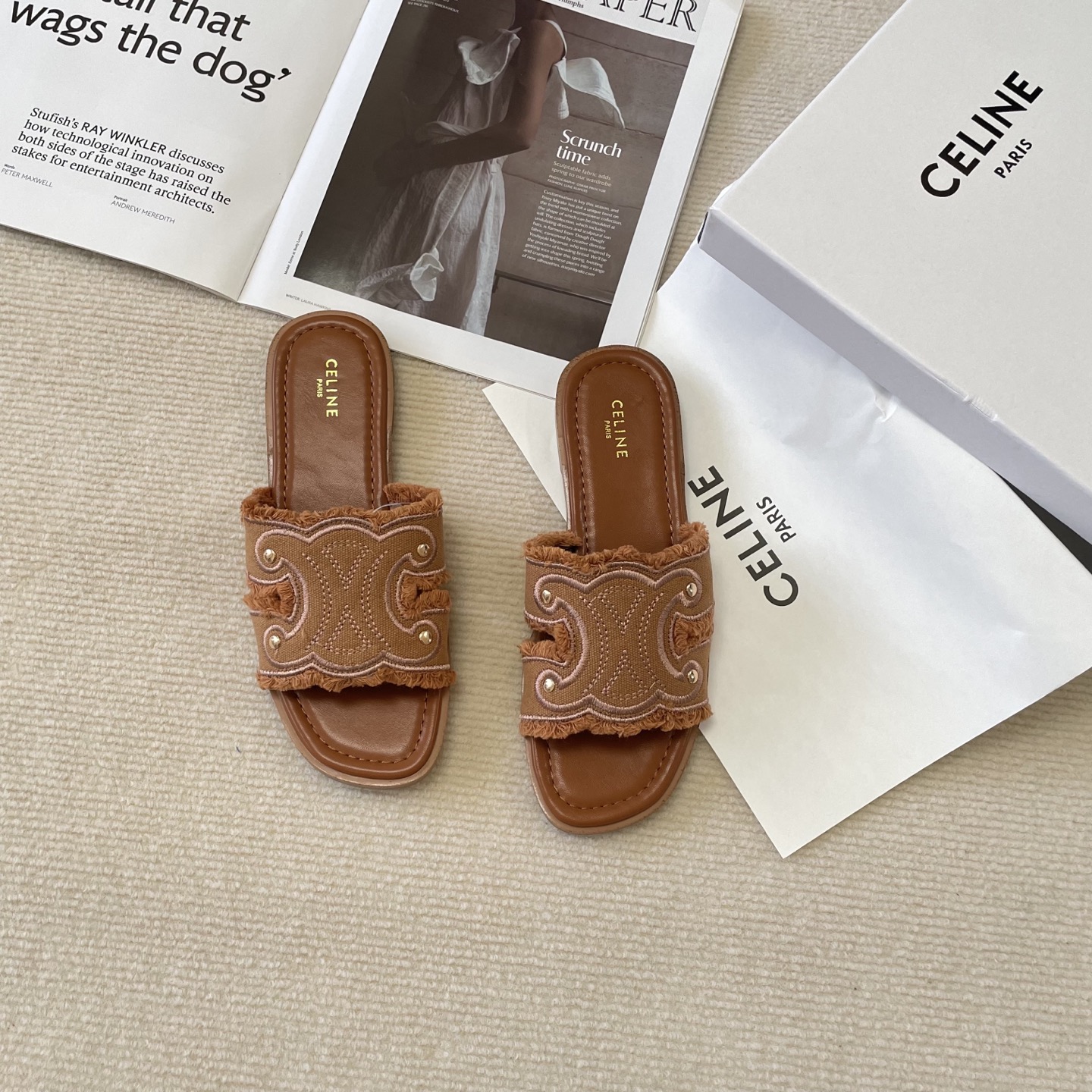 Celine denim tassel slippers