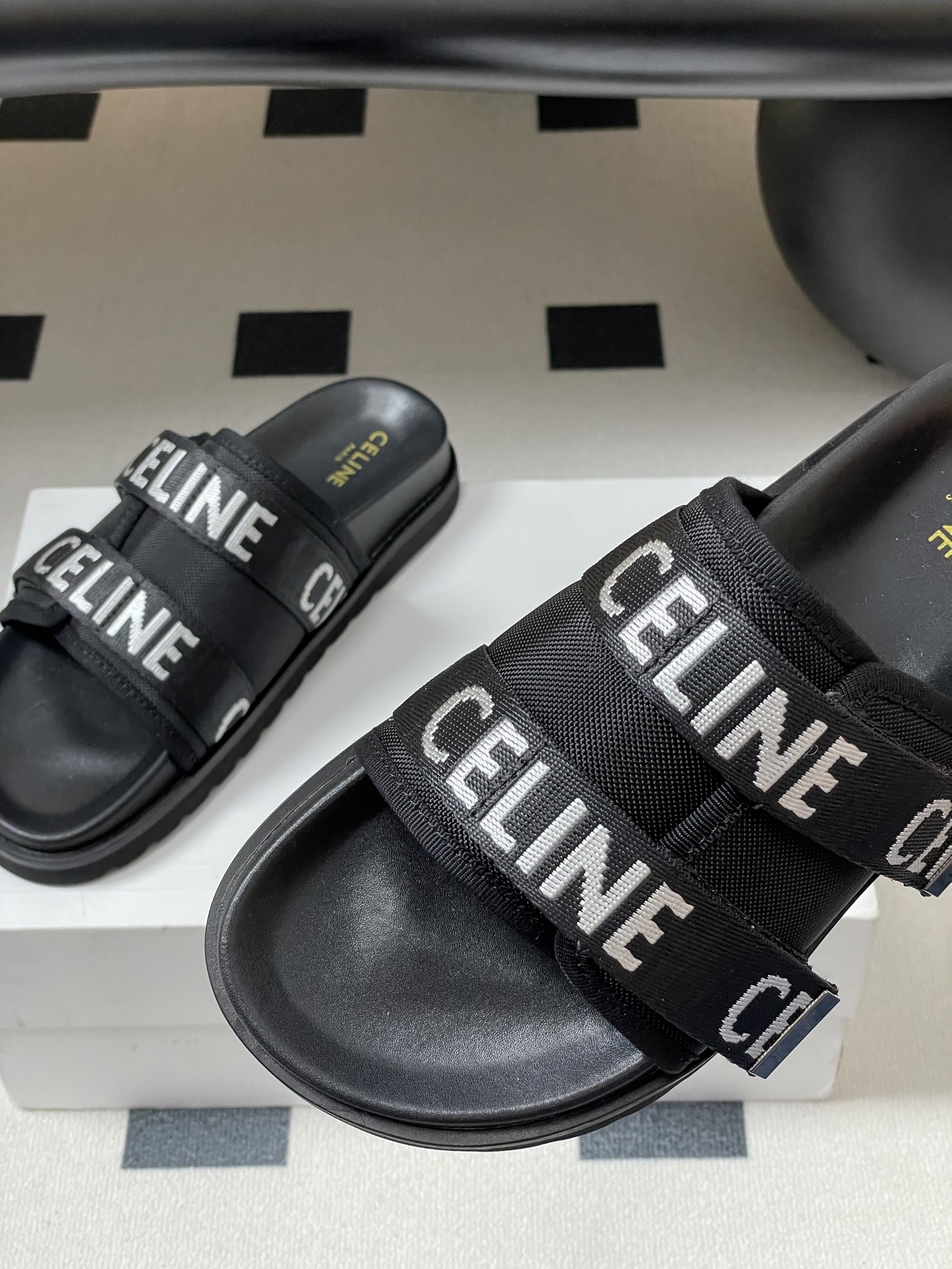 Celine retro platform thick-soled letter logo webbing slippers