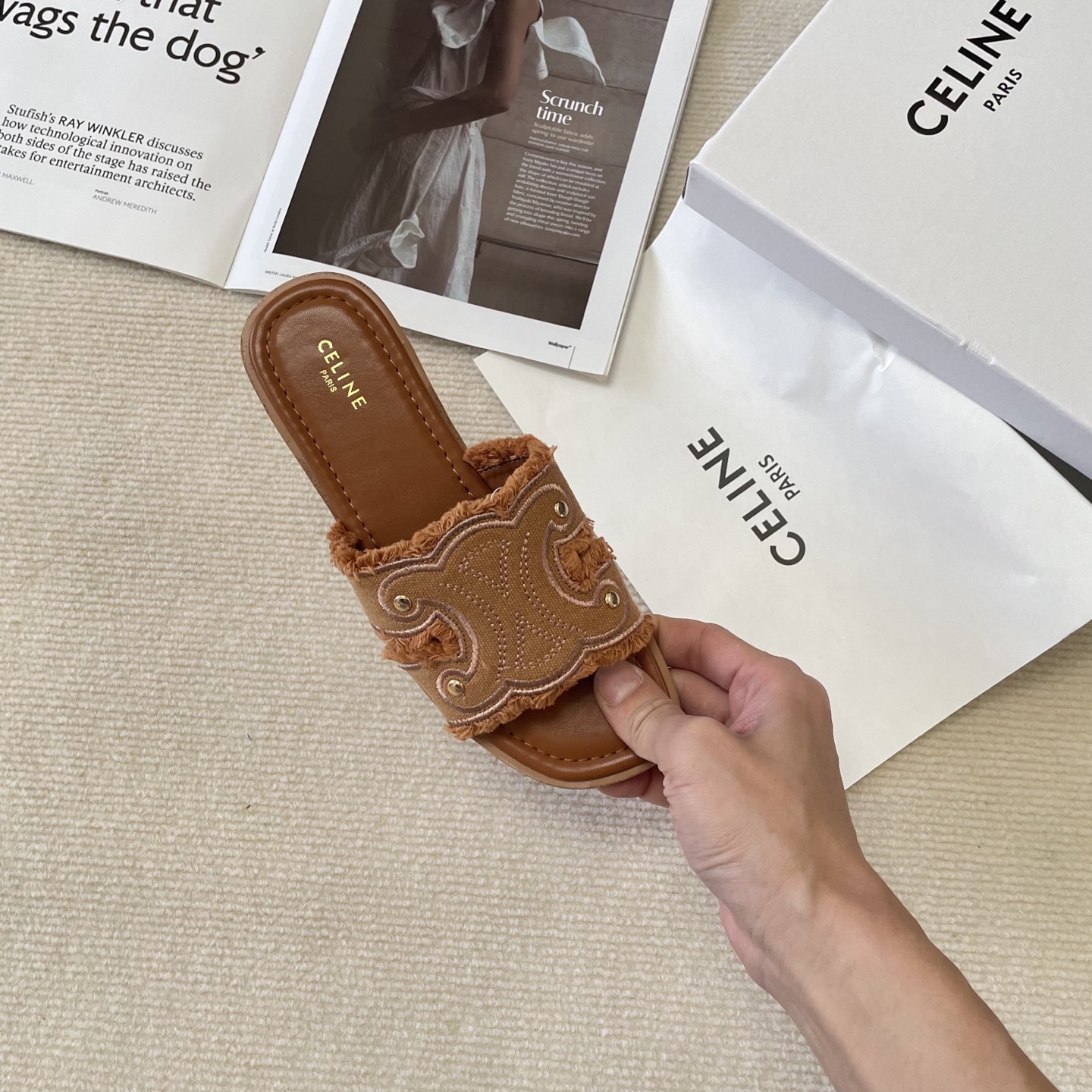 Celine denim tassel slippers