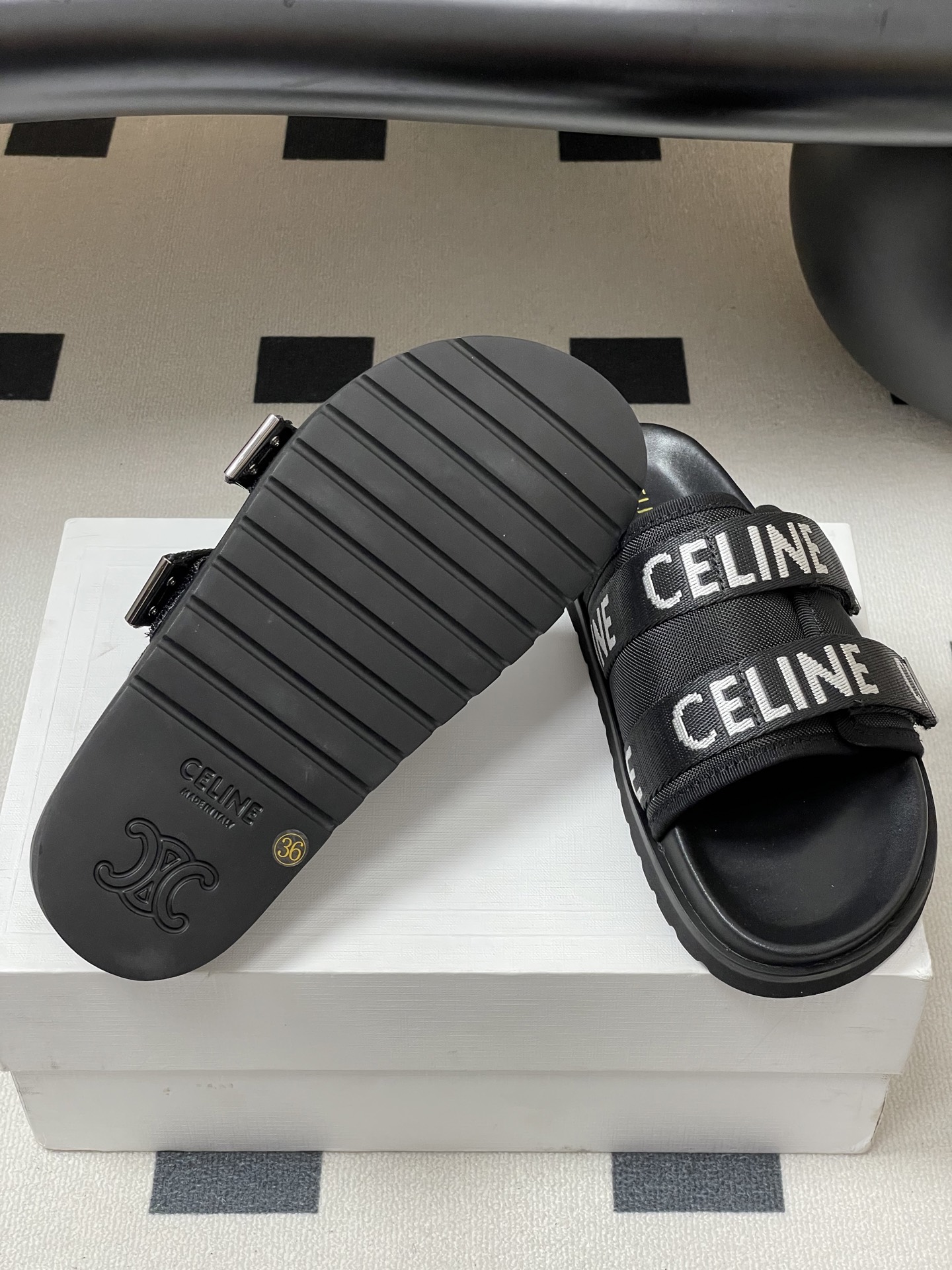 Celine retro platform thick-soled letter logo webbing slippers