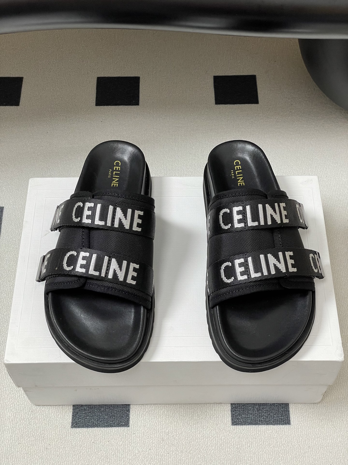 Celine retro platform thick-soled letter logo webbing slippers