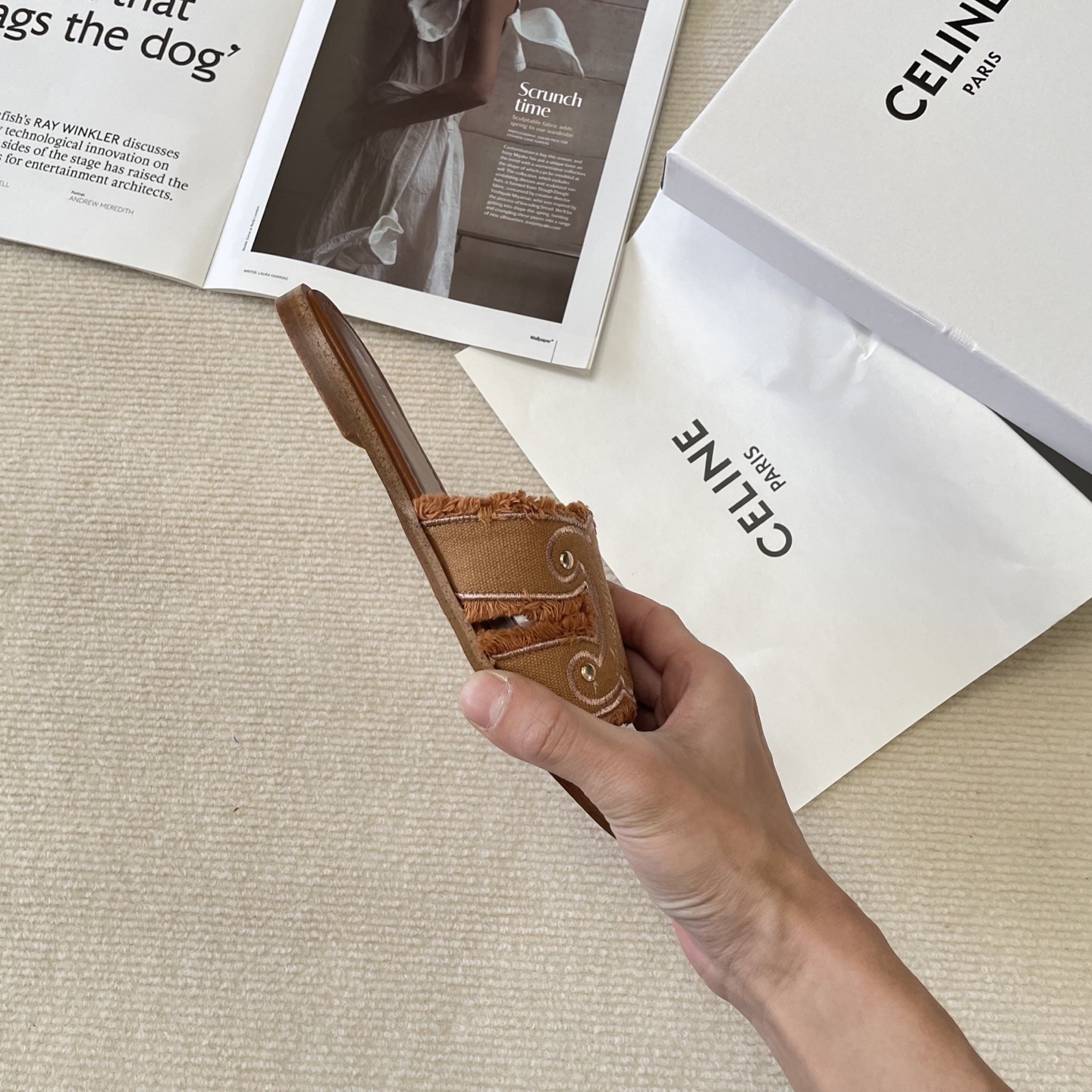 Celine denim tassel slippers