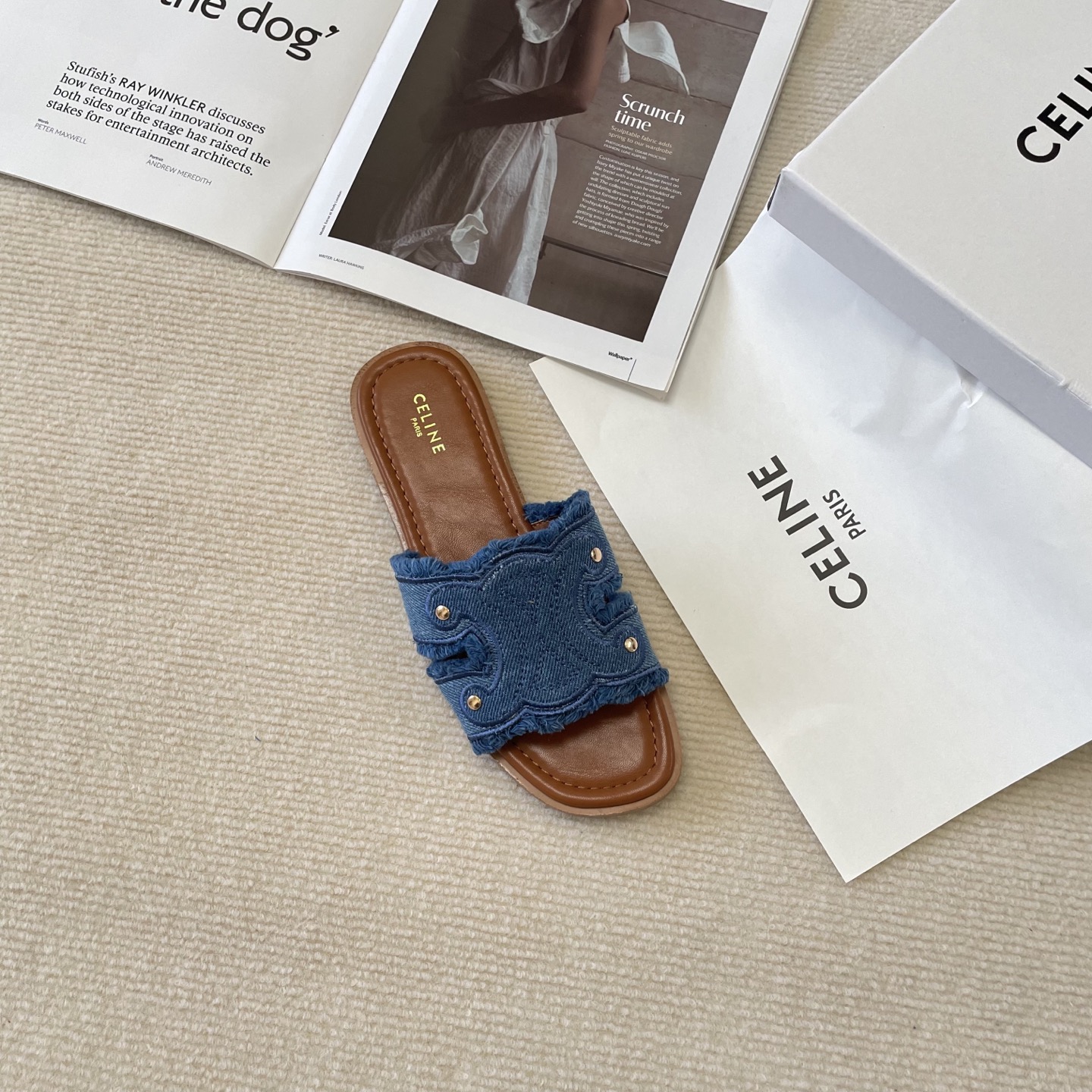 Celine denim tassel slippers