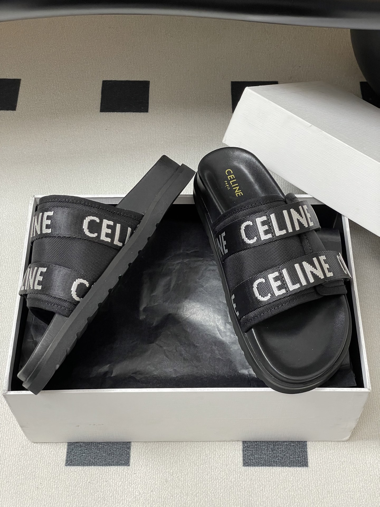 Celine retro platform thick-soled letter logo webbing slippers