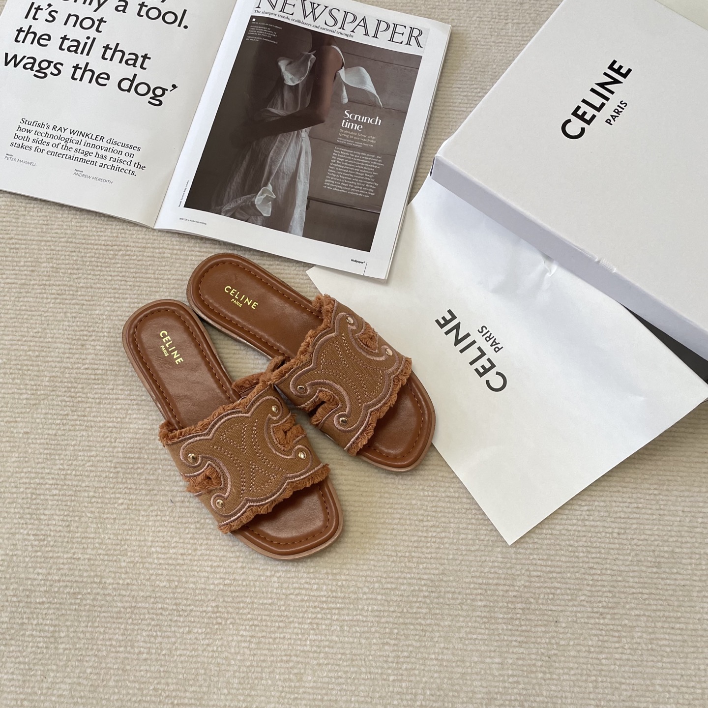 Celine denim tassel slippers