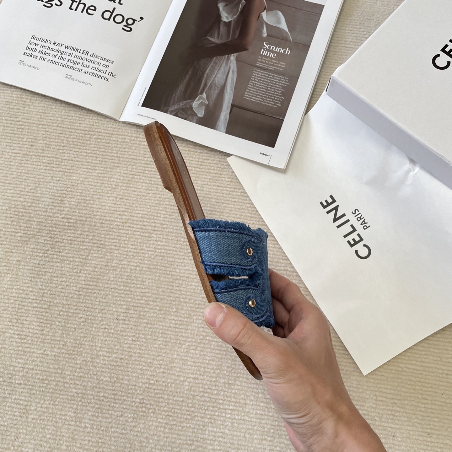 Celine denim tassel slippers