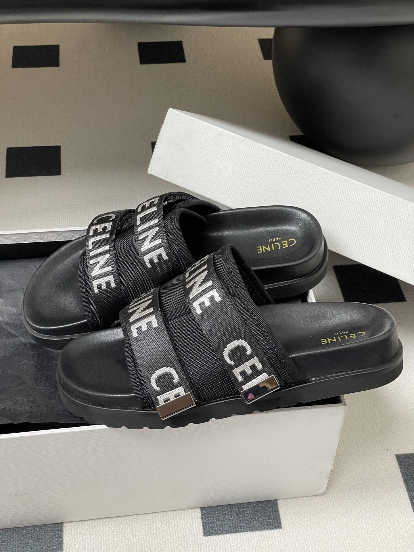Celine retro platform thick-soled letter logo webbing slippers