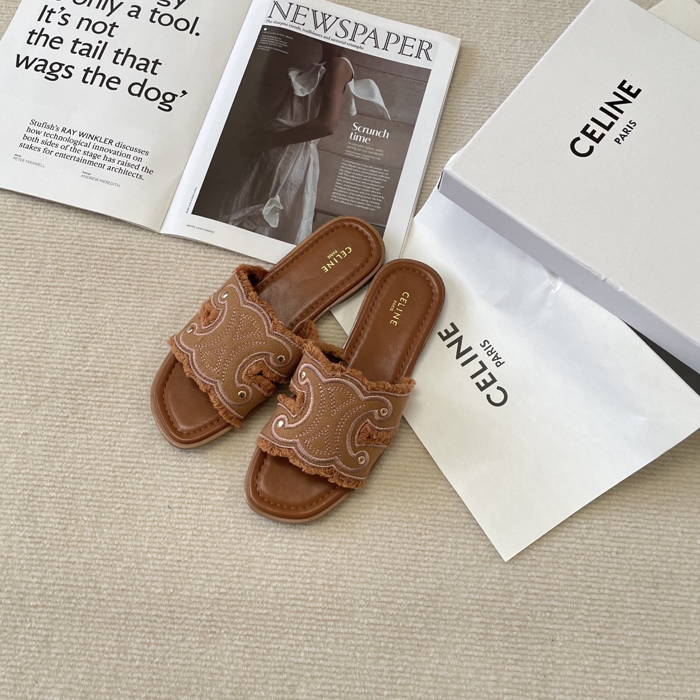 Celine denim tassel slippers