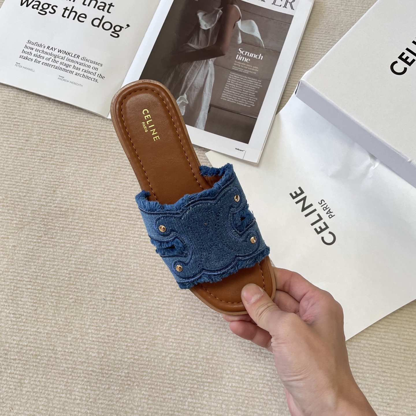 Celine denim tassel slippers
