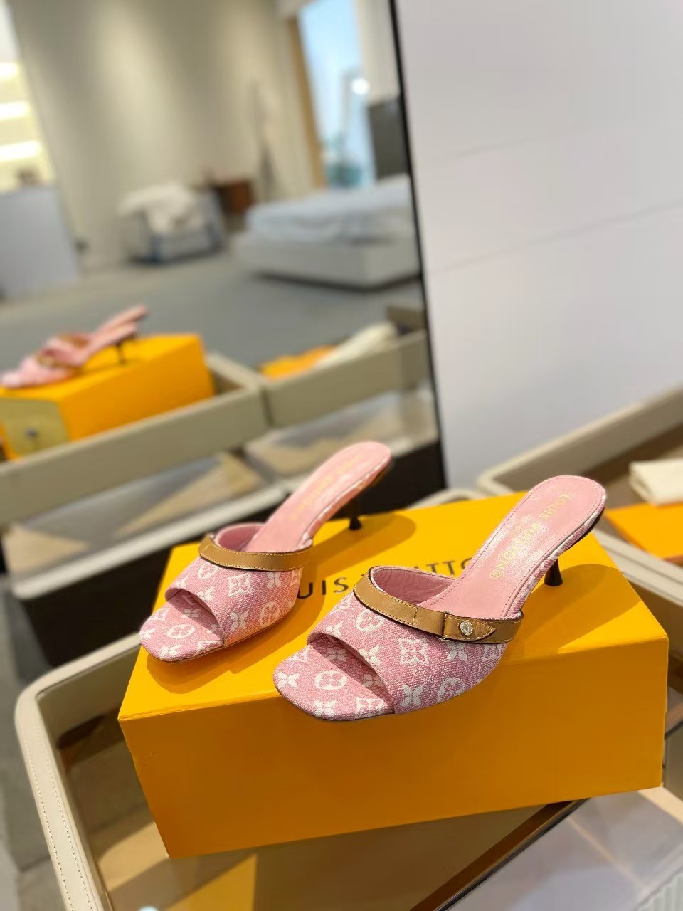 LV spring denim pink high heels