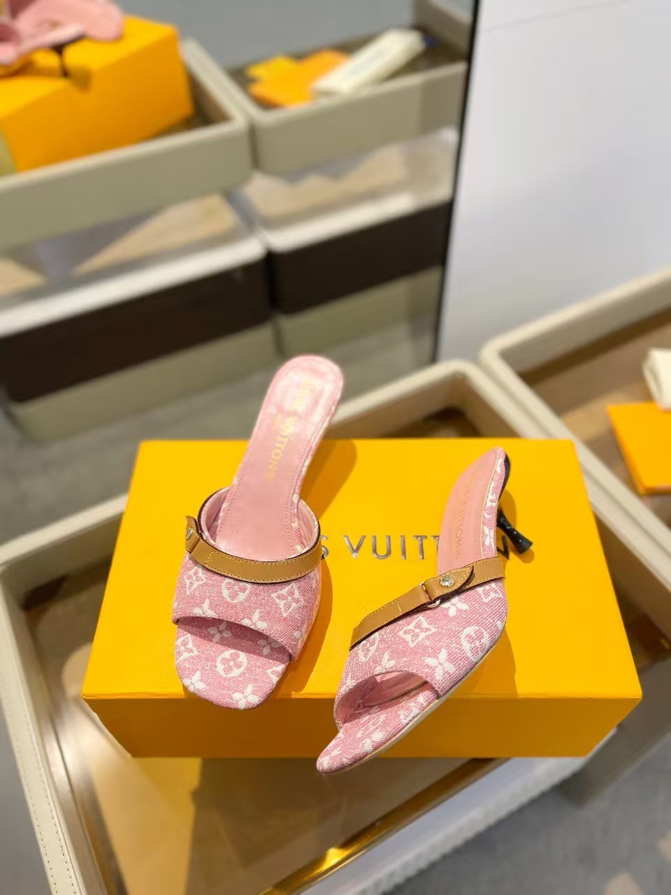 LV spring denim pink high heels
