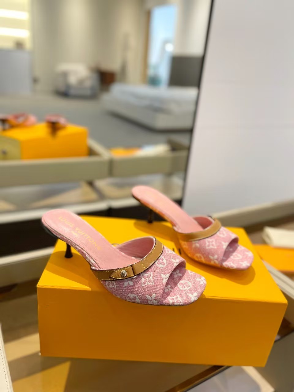 LV spring denim pink high heels