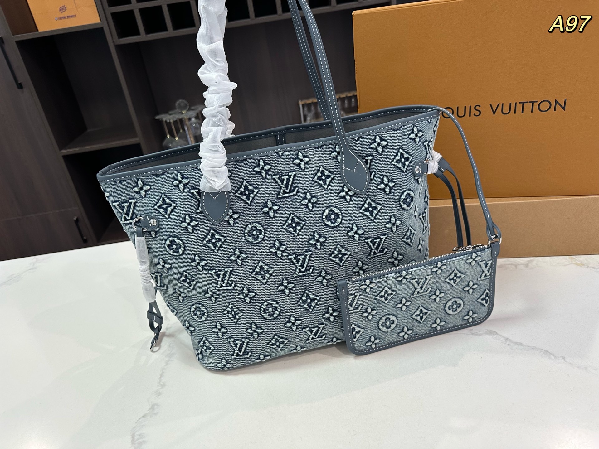 Lv Neverfull denim medium shopping bag