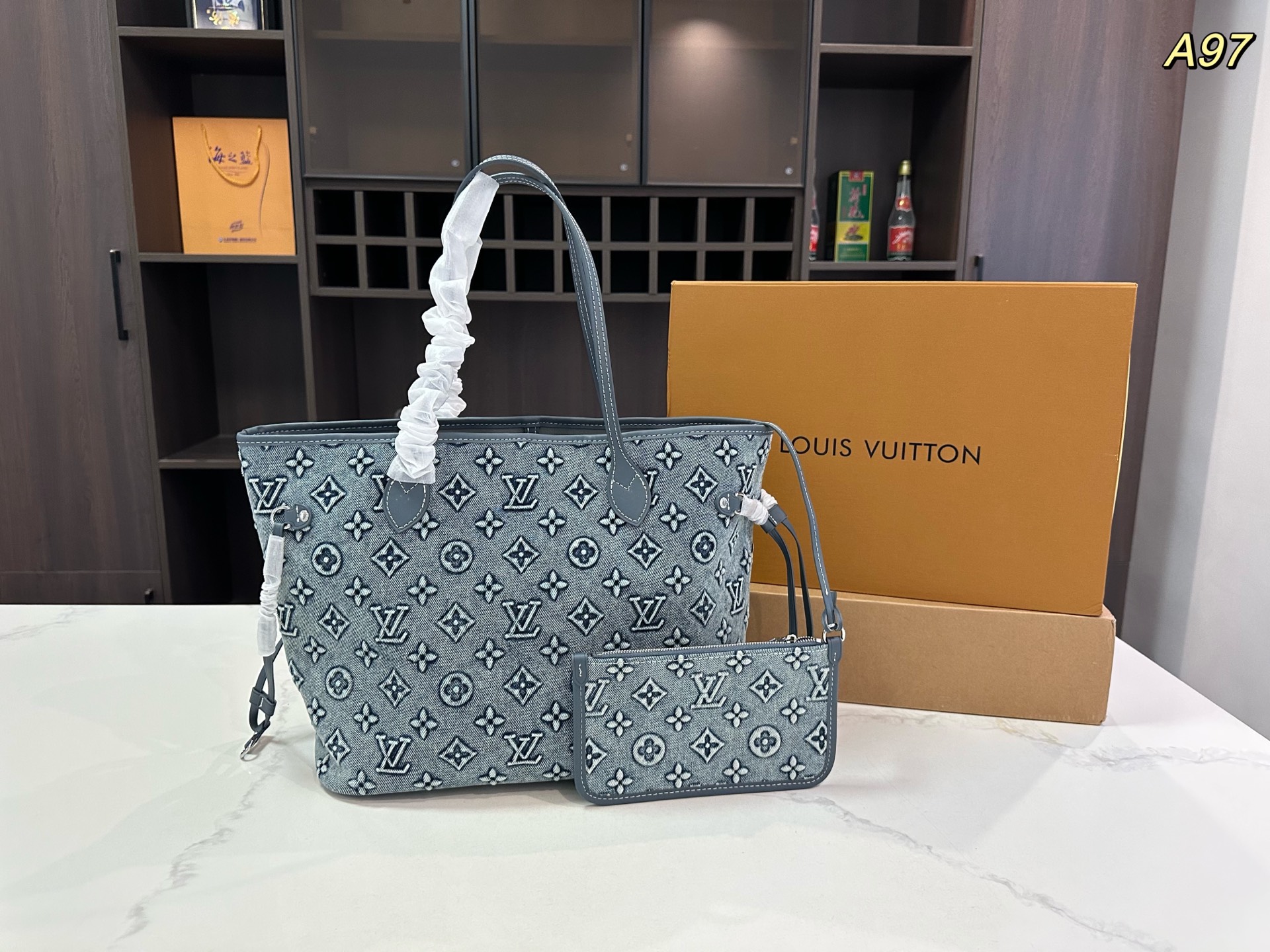 Lv Neverfull denim medium shopping bag