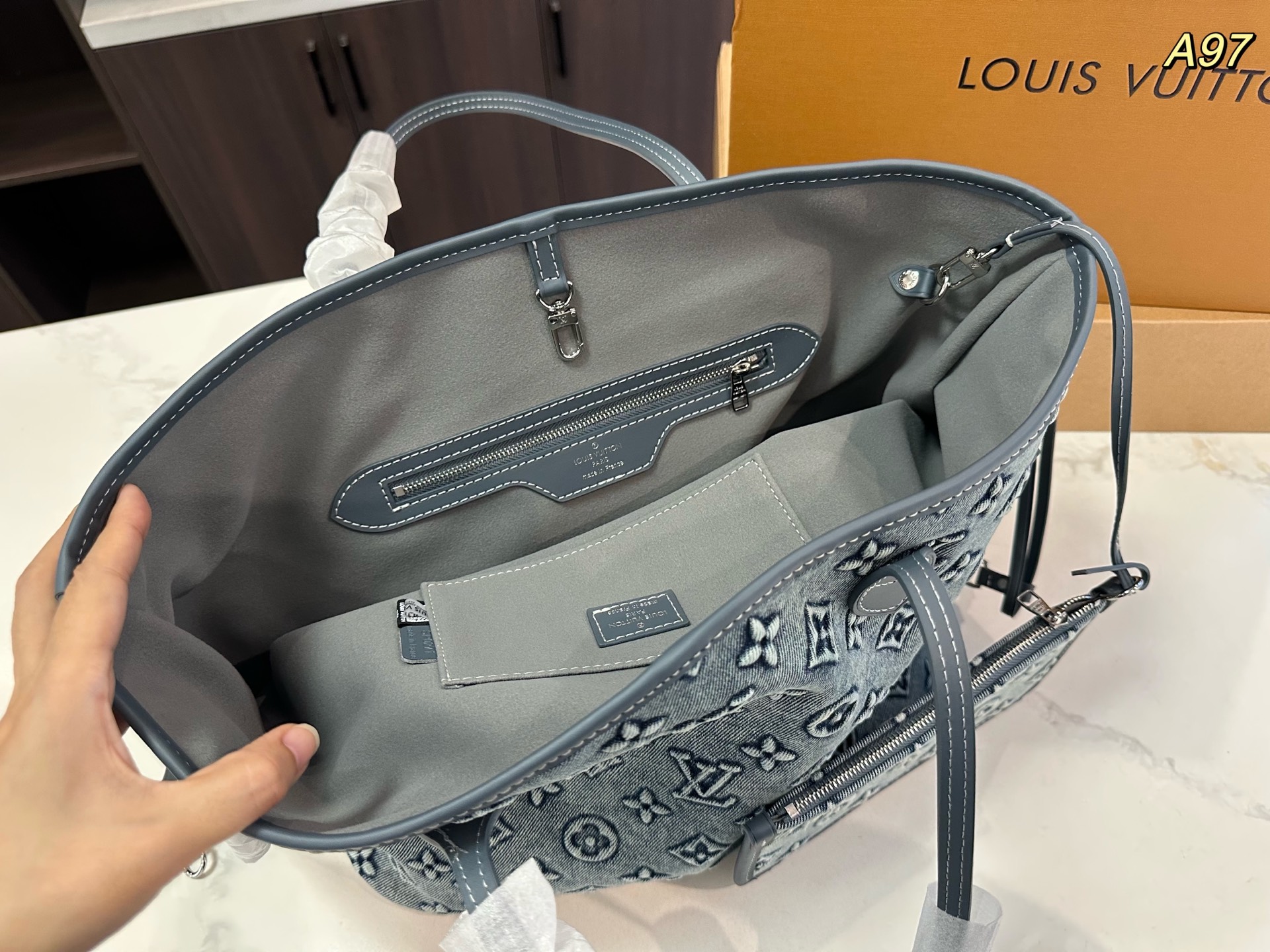 Lv Neverfull denim medium shopping bag