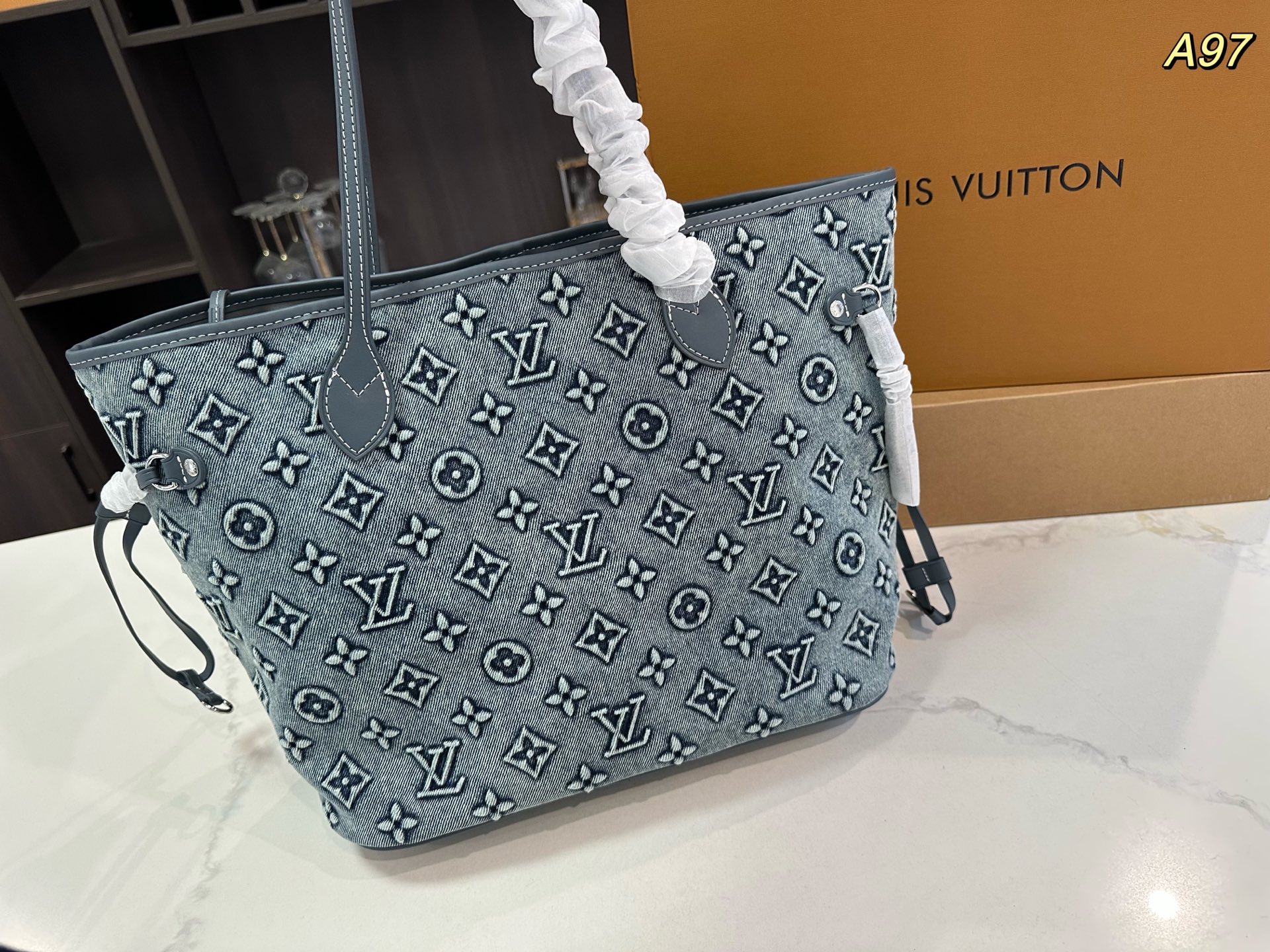Lv Neverfull denim medium shopping bag