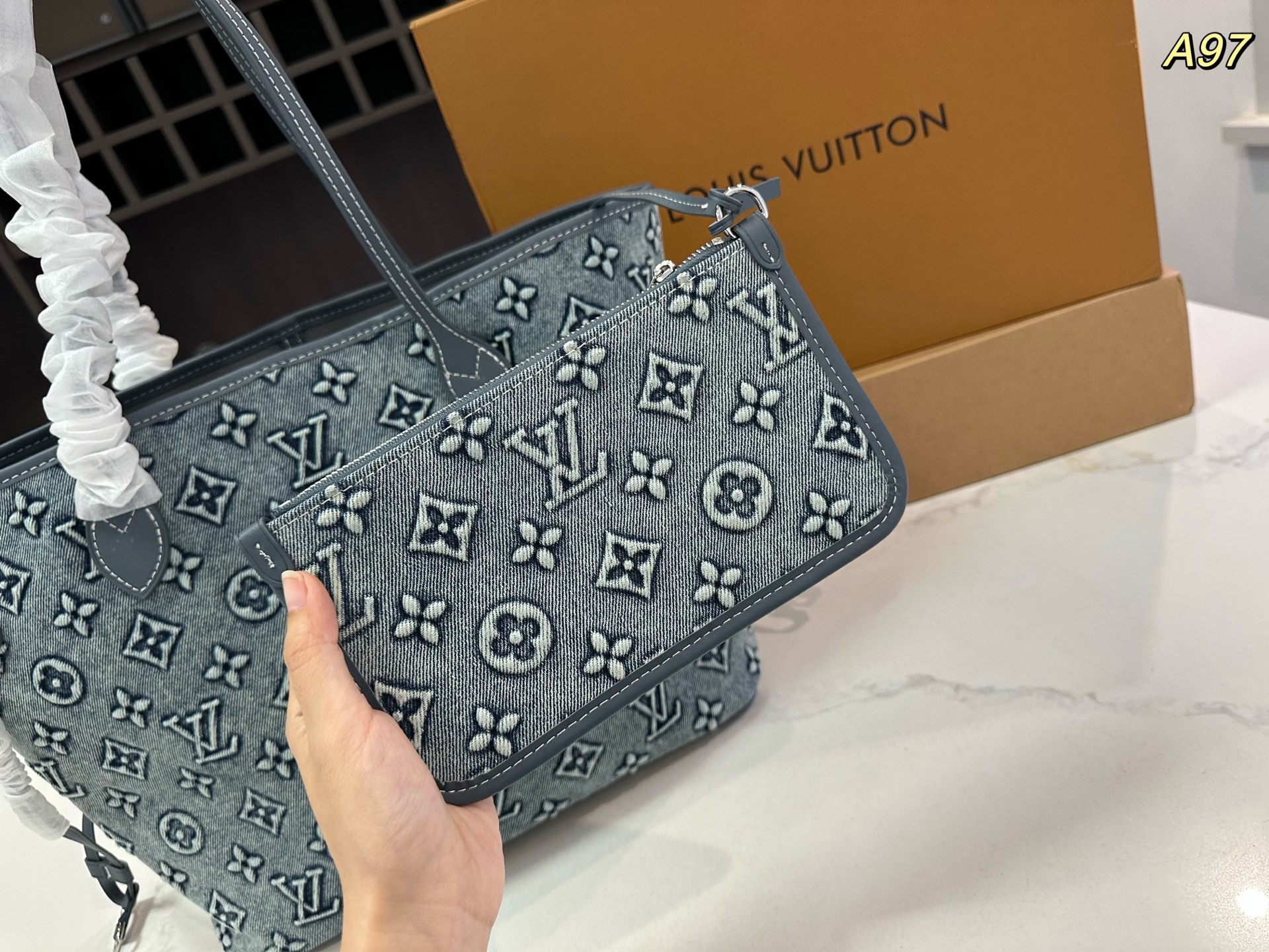 Lv Neverfull denim medium shopping bag