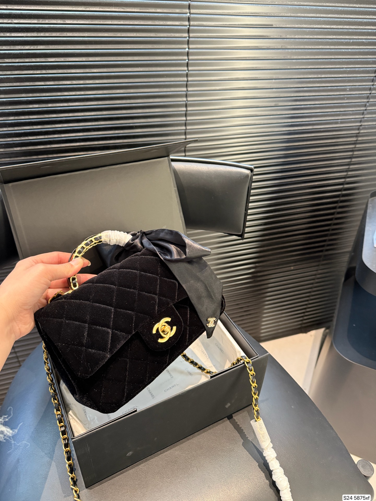 CHANEL 23K Black Gold Velvet Bag