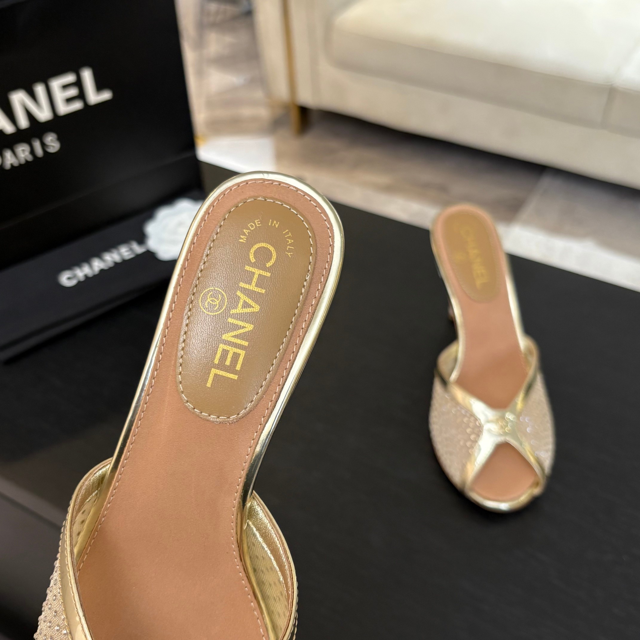Chanel Net mesh lace high-heeled slippers