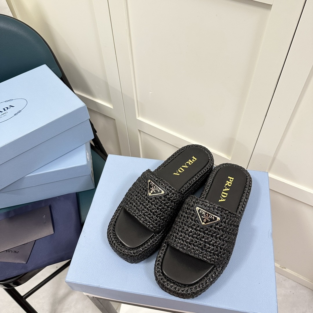 Prada Woven straw slippers