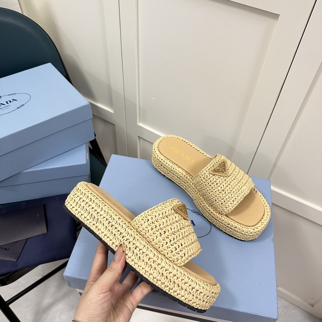 Prada Woven straw slippers