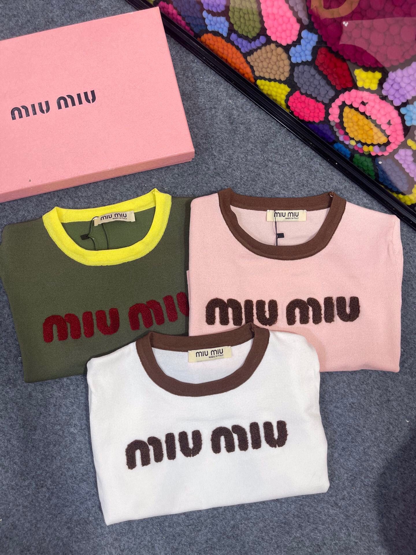 miumiu Color-blocked short-sleeved knitted top