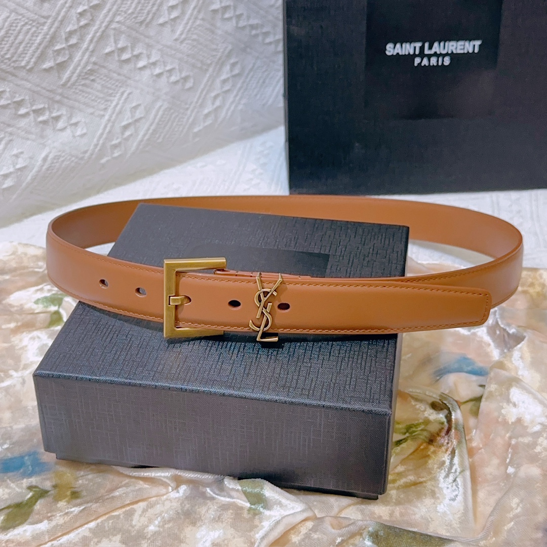 YSL Saint Laurent square buckle belt with CASSANDRE logo belt loop.