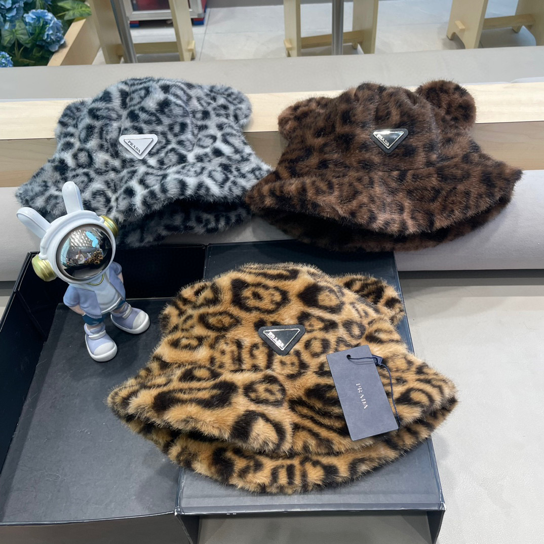Prada Retro Leopard Print Fur Hat - Warm Fishing Hat