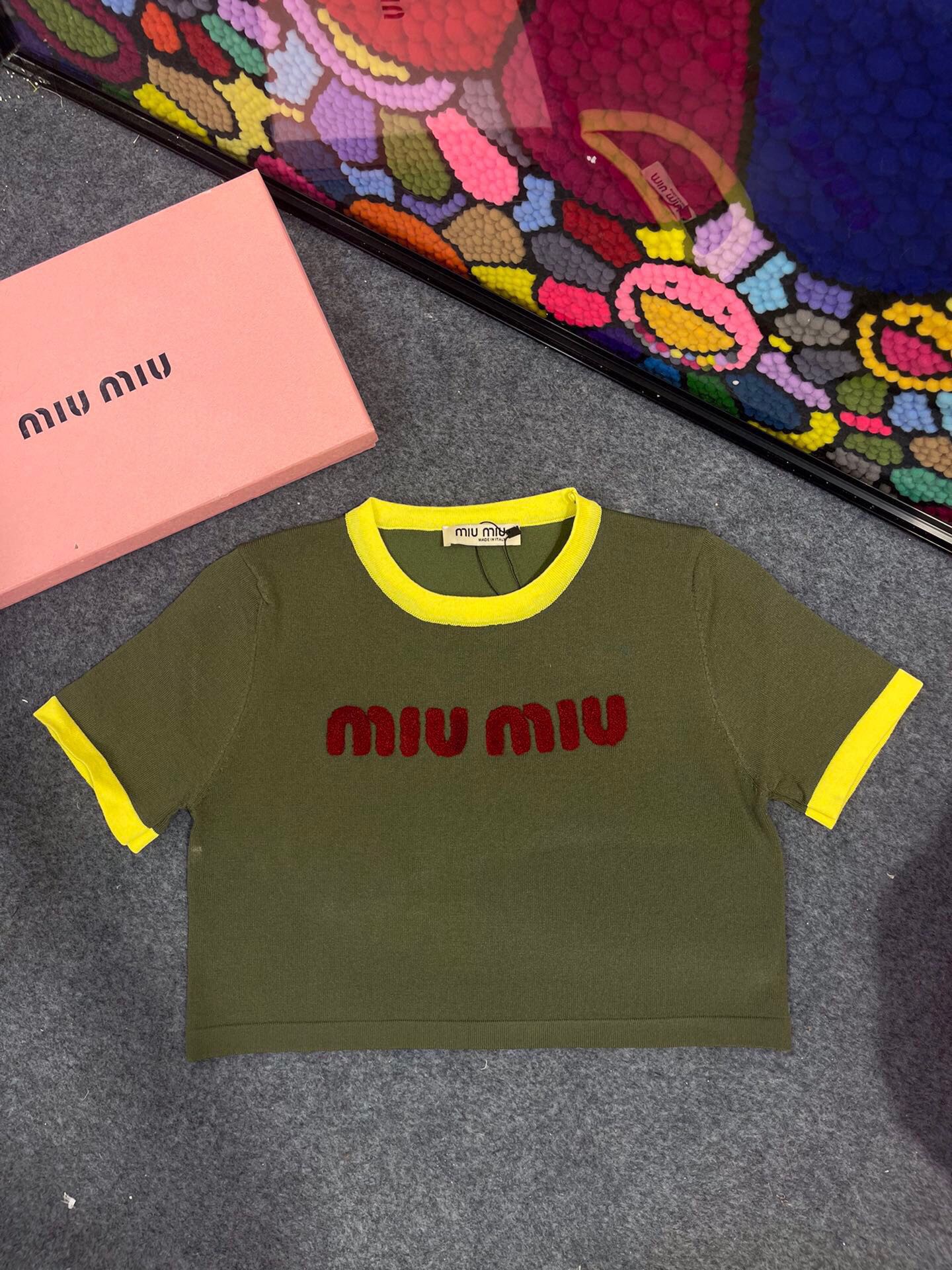 miumiu Color-blocked short-sleeved knitted top