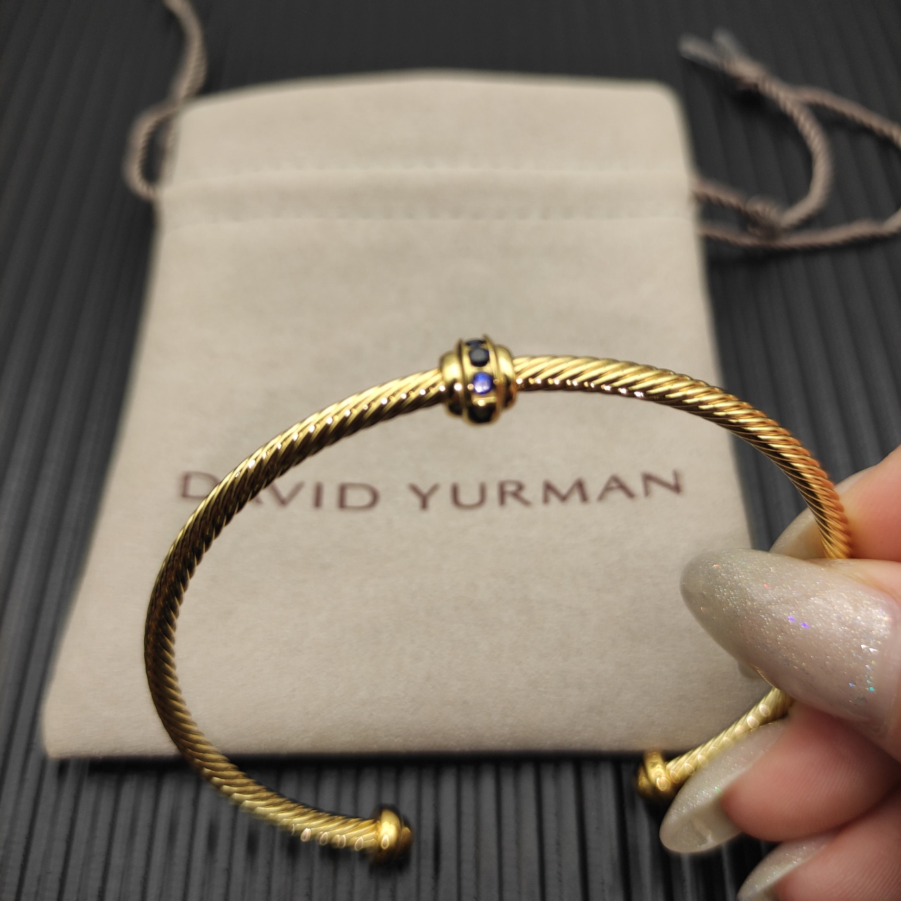 David Yurman   Gold 3mm round bead blue diamond bracelet