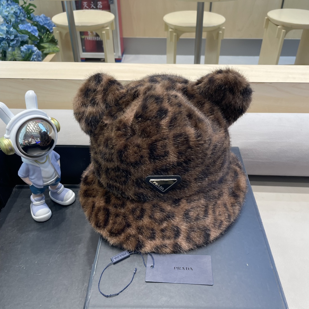 Prada Retro Leopard Print Fur Hat - Warm Fishing Hat