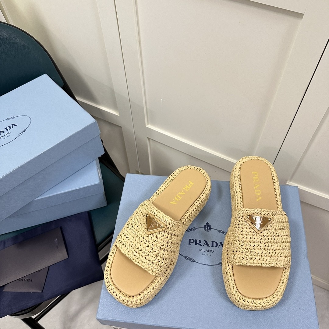 Prada Woven straw slippers