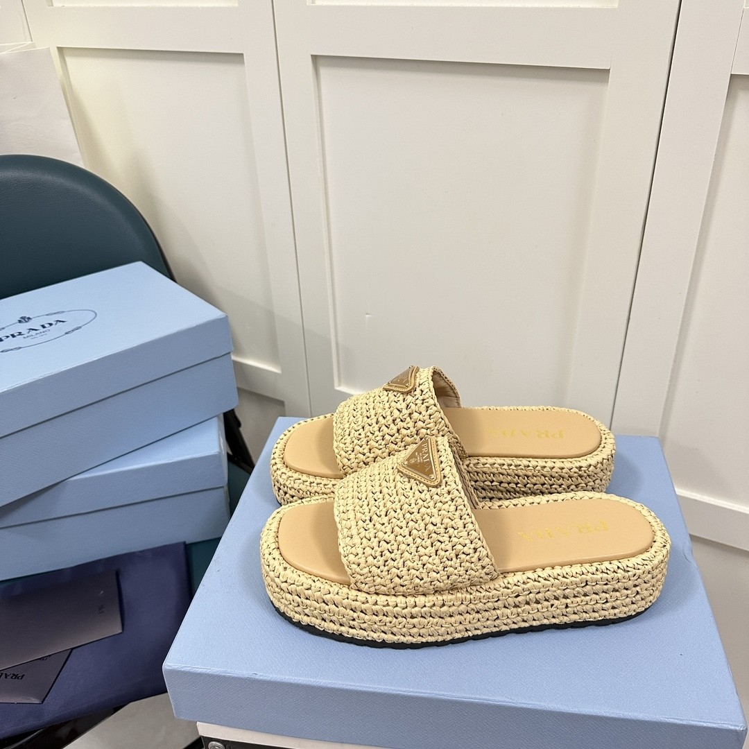 Prada Woven straw slippers