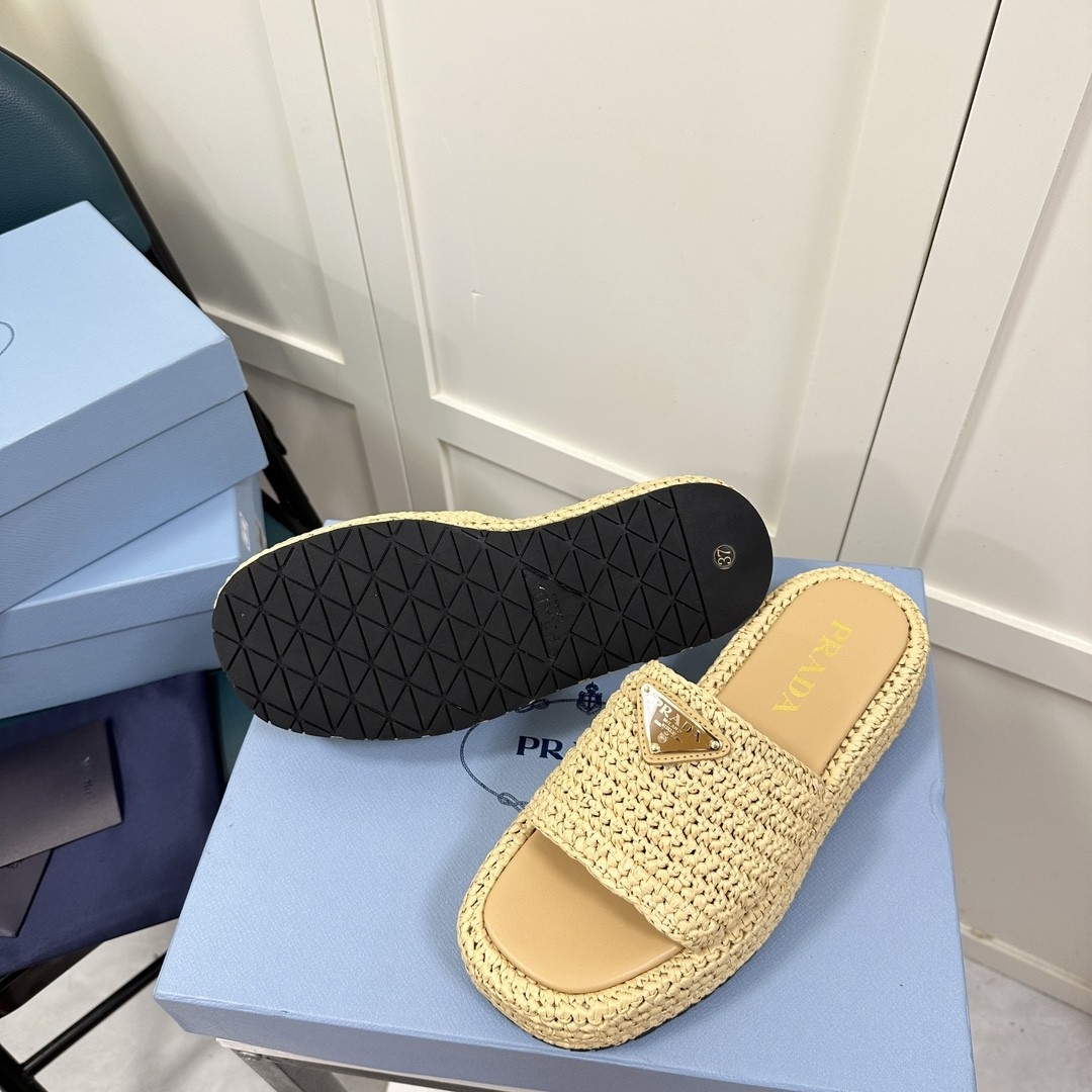 Prada Woven straw slippers