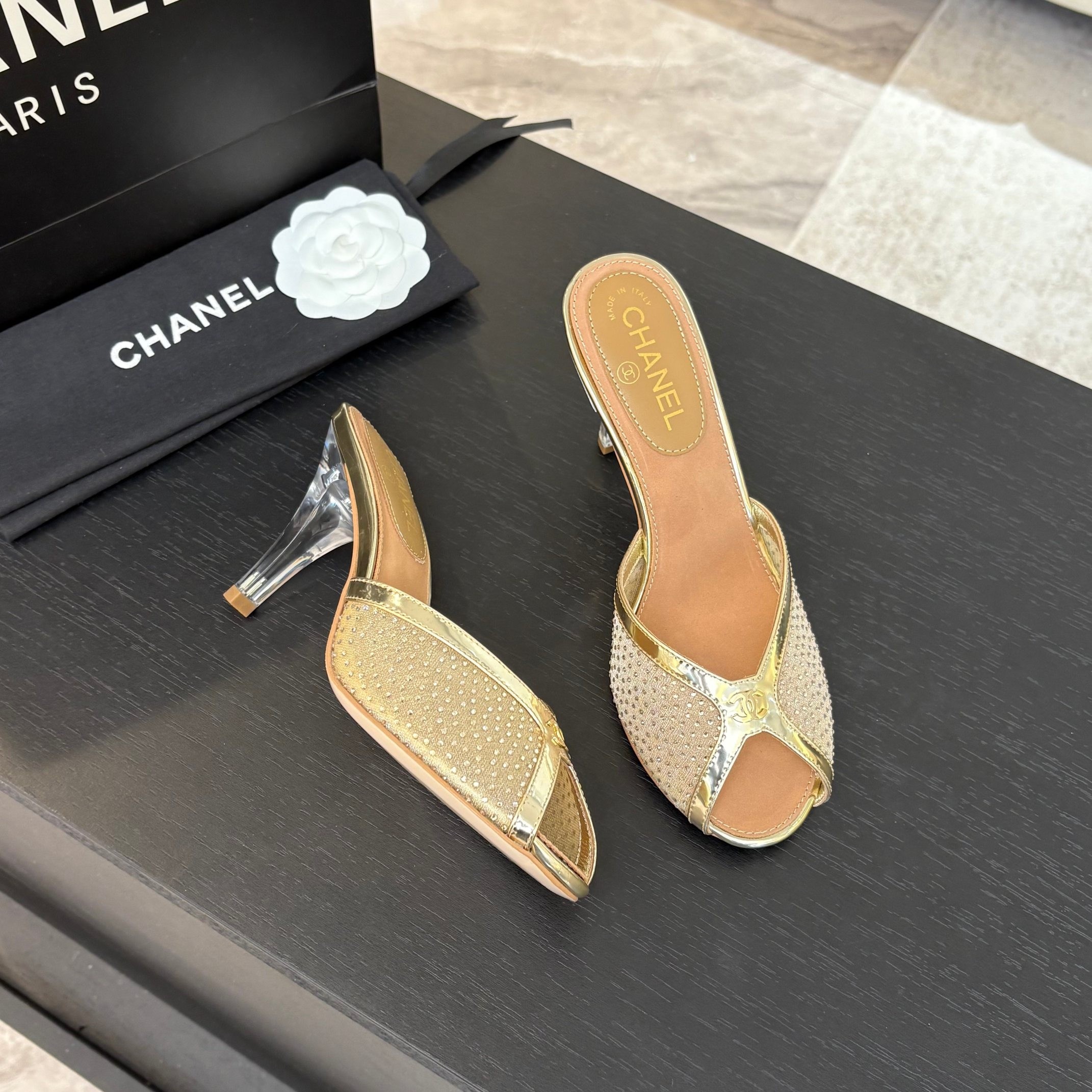 Chanel Net mesh lace high-heeled slippers