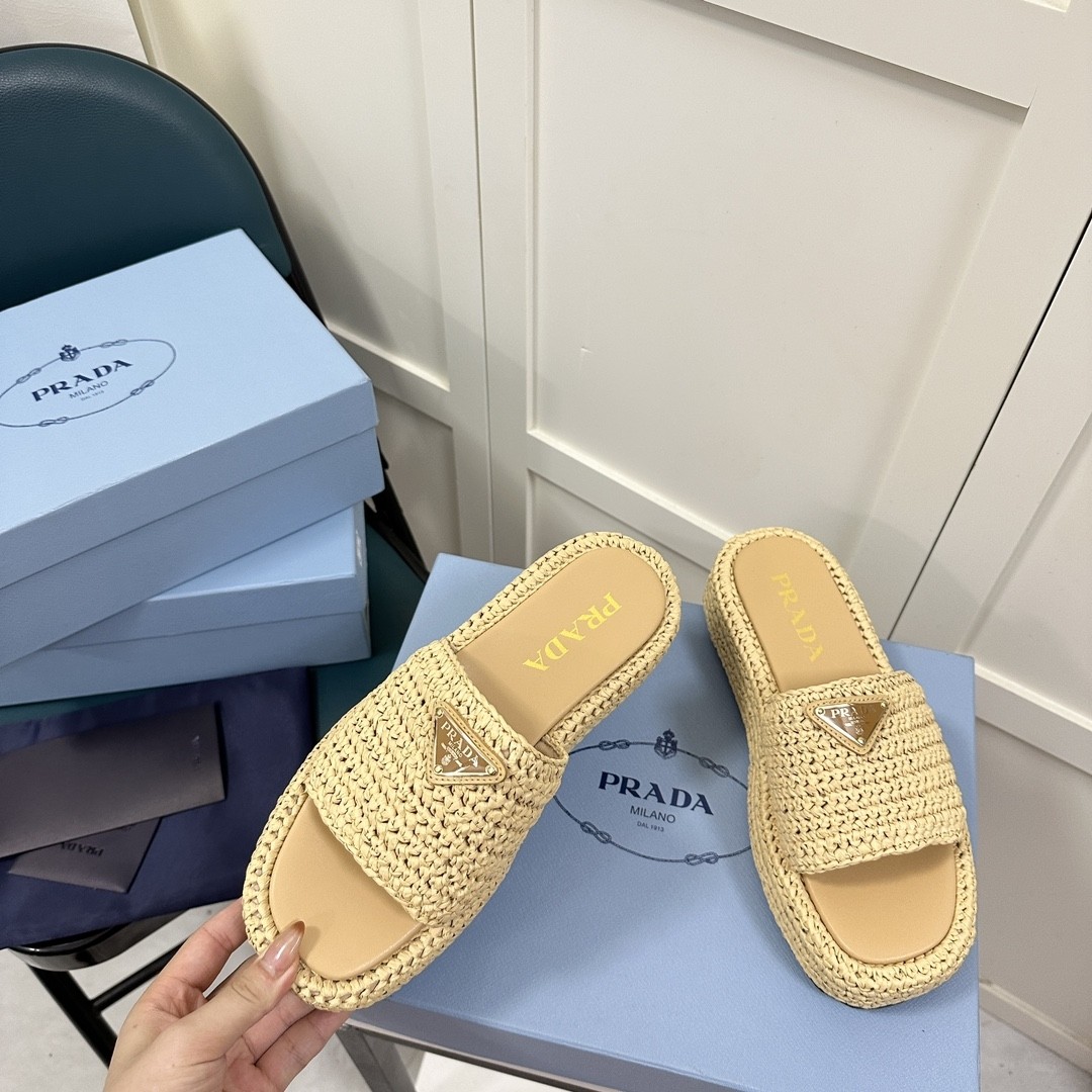 Prada Woven straw slippers