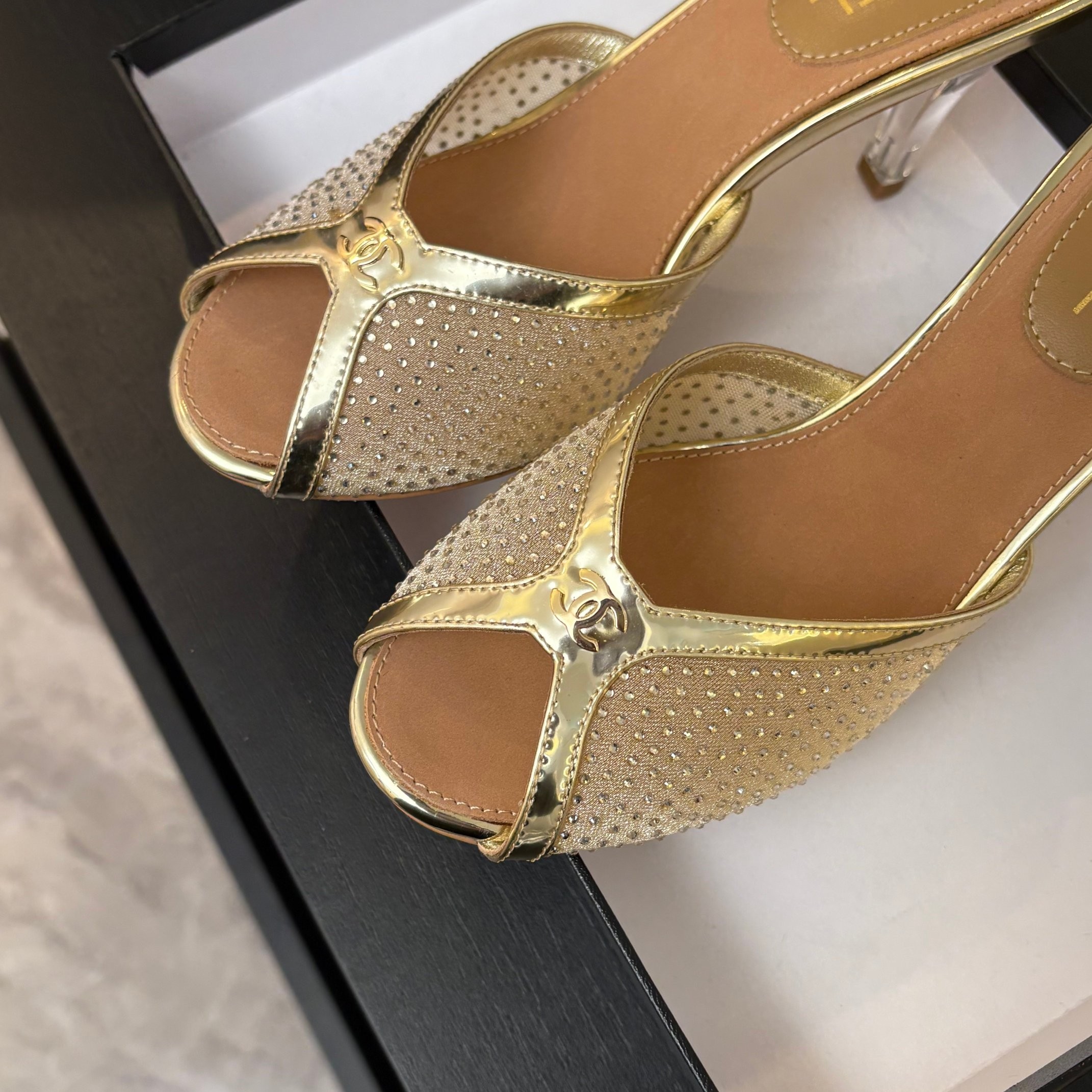 Chanel Net mesh lace high-heeled slippers