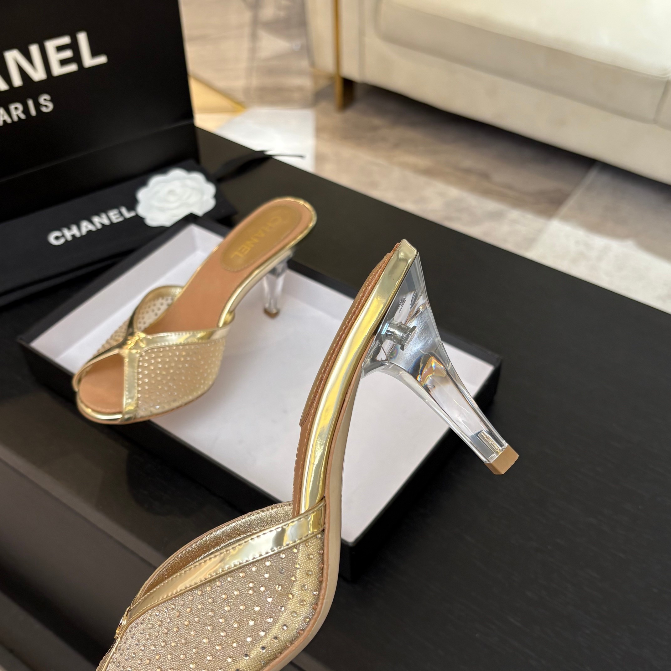 Chanel Net mesh lace high-heeled slippers