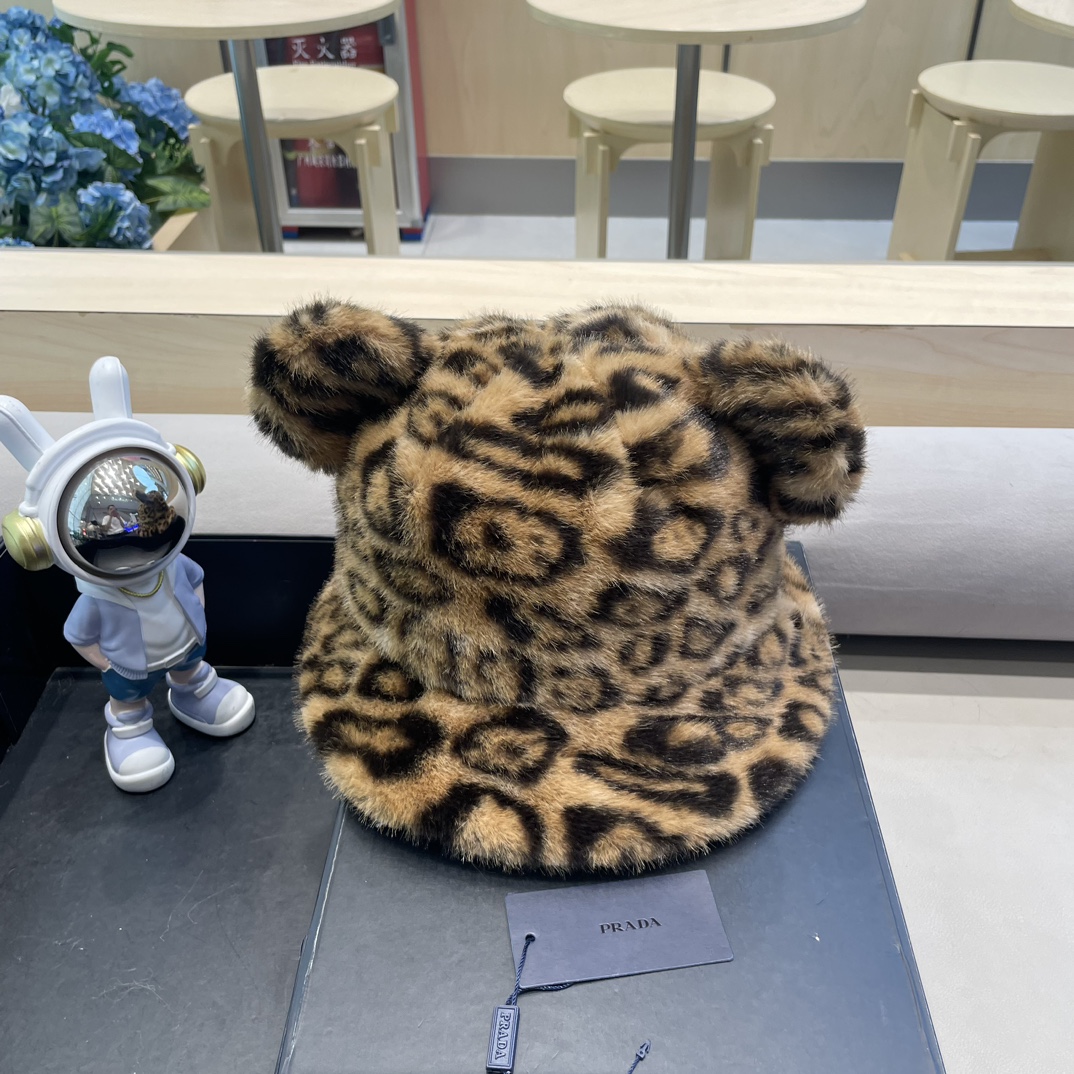 Prada Retro Leopard Print Fur Hat - Warm Fishing Hat