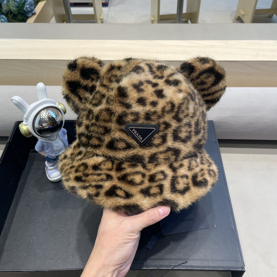 Prada Retro Leopard Print Fur Hat - Warm Fishing Hat